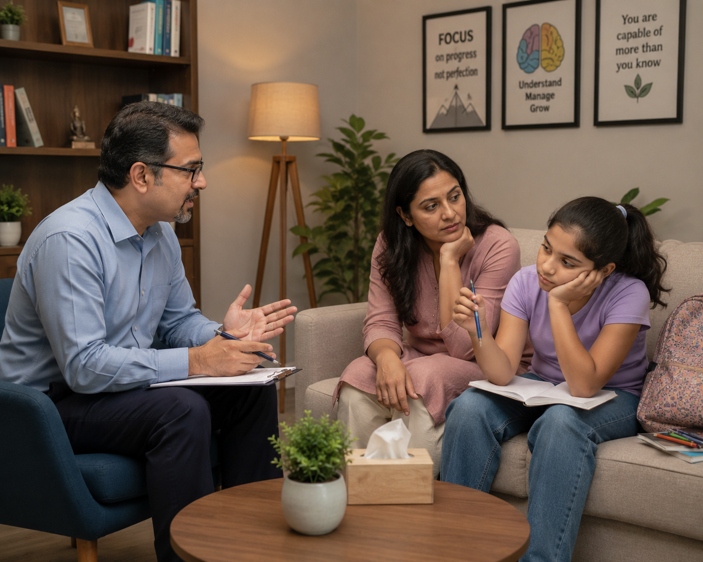 A psychologist speaking with a student and her parent